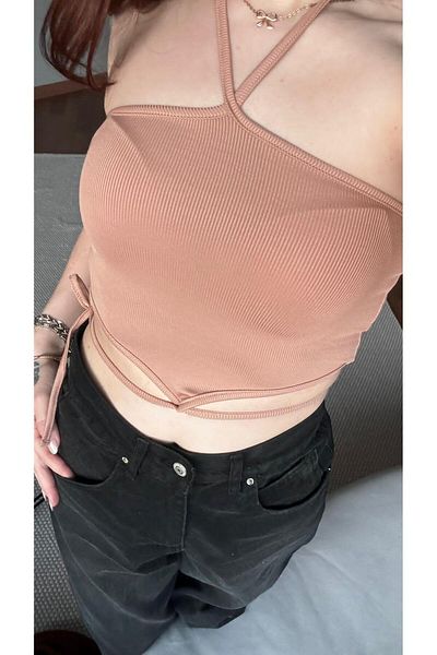 Touz Moda Ribbed Cross Strap Crop Blouse