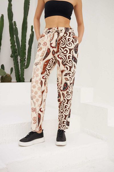 MİA NOURA Colorful Patterned Long Trousers with Pockets