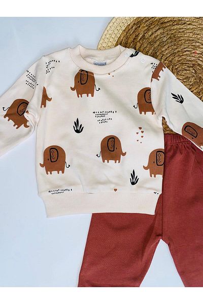 GÜNEŞ KİDS Elephant Patterned Double Baby Bottom Top Set