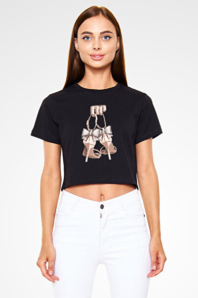 Darkhane Black STiletto Fashion Crop Top - Unisex Back Bow T-Shirt