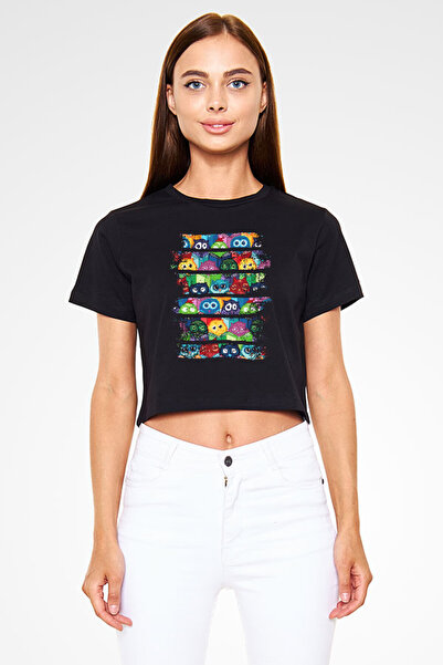 Darkhane Colorful Owls Black Unisex Crop Top T-Shirt T-Shirt