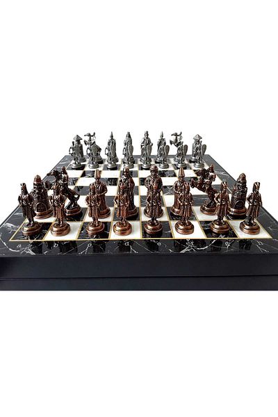 kapadokyahediyelik Chess Game Set, Wooden Box, Zamak Metal Cast Stone