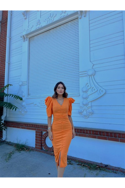 Mekafashion Plenty Düğme Detay Prenses Kol Midi Elbise TURUNCU