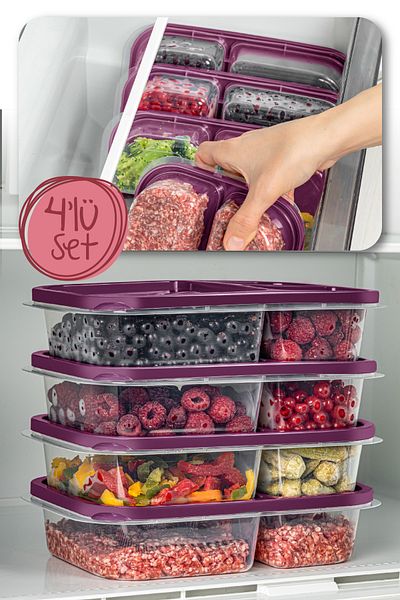Vienev 4-Piece 3 Compartment Rectangular Storage Container 1.15 Liter Purple