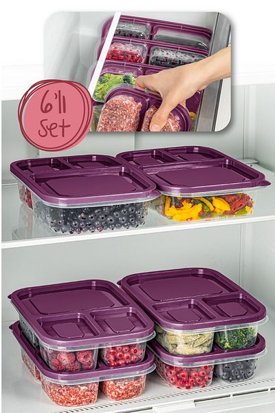 Vienev 1.15 Liter Purple 6-Piece 3-Compartment Rectangular Storage Container