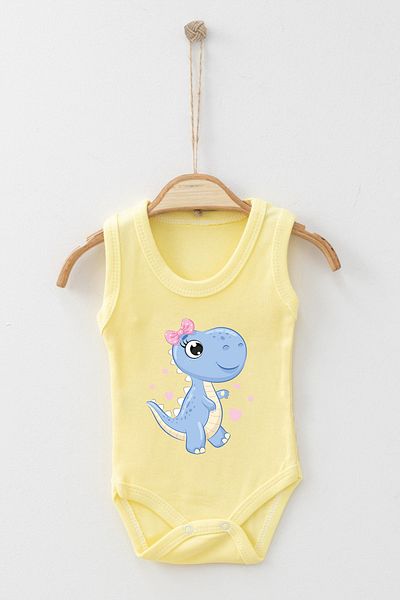 ADABEBEK Heart Detailed Ribbon Baby Dinosaur Printed Strap Snap Bodysuit
