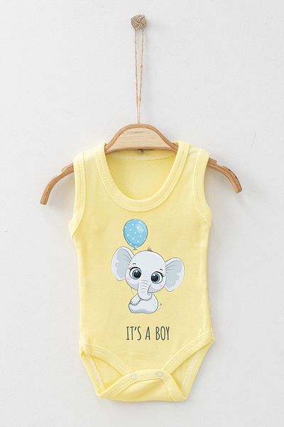 ADABEBEK It's a Boy Written Blue Balloon Baby Elephant Printed Strap Snap-On Bodysuit