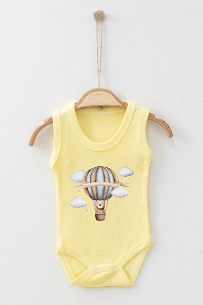 ADABEBEK Cloud Detailed Teddy Bear Walking with Balloon Printed Strap Snap-On Bodysuit