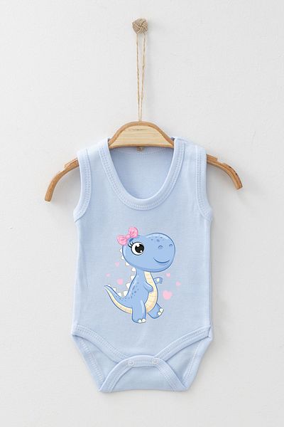 ADABEBEK Heart Detailed Ribbon Baby Dinosaur Printed Strap Snap Bodysuit