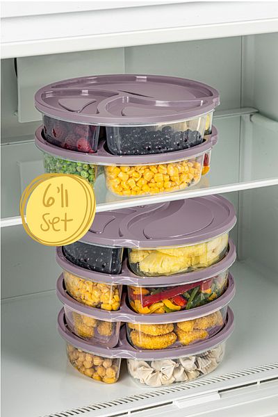 Vienev 1.2 Liter Pink 6-Piece 3-Compartment Round Storage Container