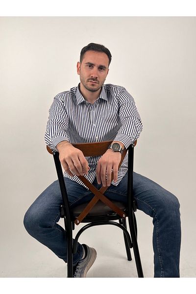 Mad&Calf Férfi Slim Fit hajtókás gombos hosszú ujjú csíkos ing