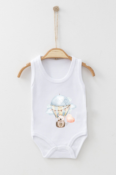 ADABEBEK Balloon Stroll Themed Teddy Bear Printed Strap Snap-On Bodysuit