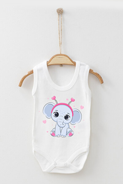ADABEBEK Crown Detailed Cute Elephant Printed Strap Snap-On Bodysuit