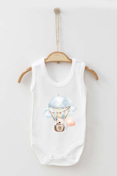 ADABEBEK Balloon Stroll Themed Teddy Bear Printed Strap Snap-On Bodysuit