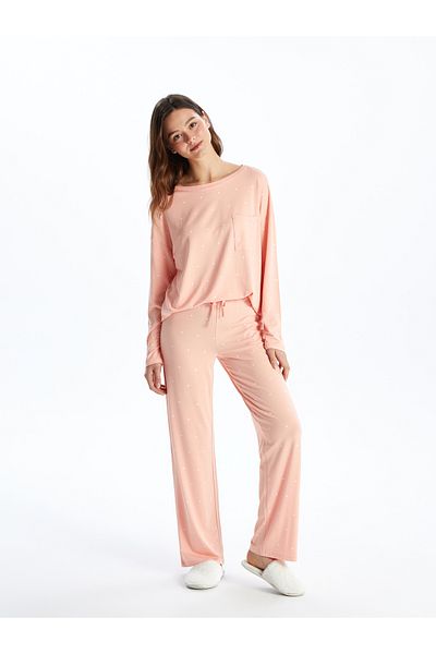 LC Waikiki Langärmliges Damen-Pyjama-Set mit Rundhalsausschnitt und Punkten