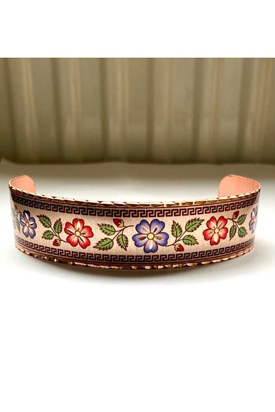 Classy Copper Cuff Bracelet, Hand Embroidered Leaf, Flower and Evil Eye Bead Pattern, Flexible Bracelet