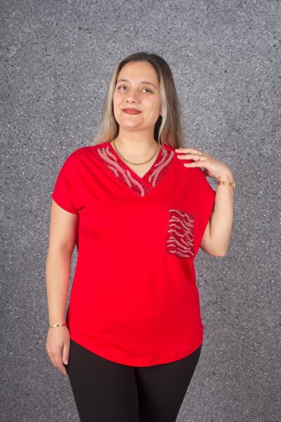 Truva XXL Plus Size Collar and Pocket Detail Stone Embroidered Blouse Colorful B083