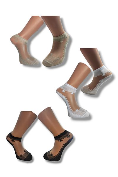SEVA Perfumed 3 Pairs Black Cream White Socks with Ankle Embroidery