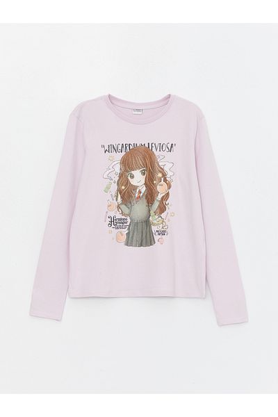 LC Waikiki T-shirt dziewczęcy z długim rękawem i nadrukiem – okrągły dekolt