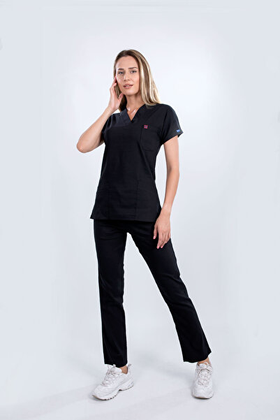 İBA MEDİKAL HEMŞİRE FORMASI LİKRALI ESNEK PAMUKLU SİYAH YARASA KOL