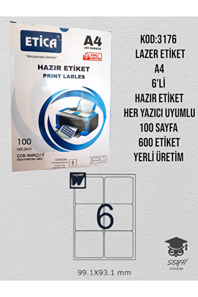 SEYFİKİRTASİYE 3176 LAZER ETİKET A4 6'Lİ HAZIR ETİKET HER YAZICI UYUMLU 100 S...