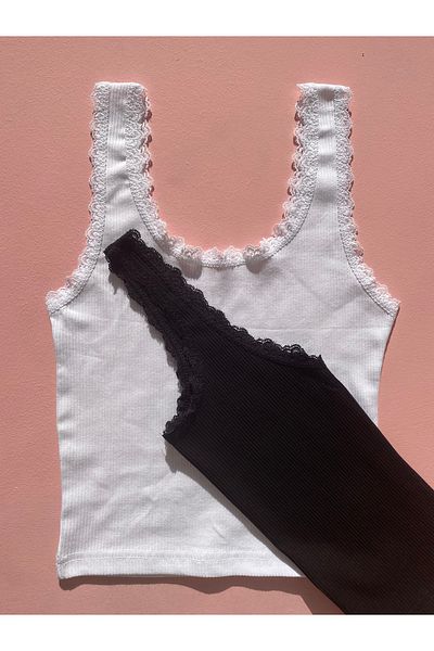 LEYNA BUTİK Women's 2 Pieces Without Pad Ribbed Camisole Fabric Wide Strap Blouse-Half Tank Top (BLACK-WHITE)