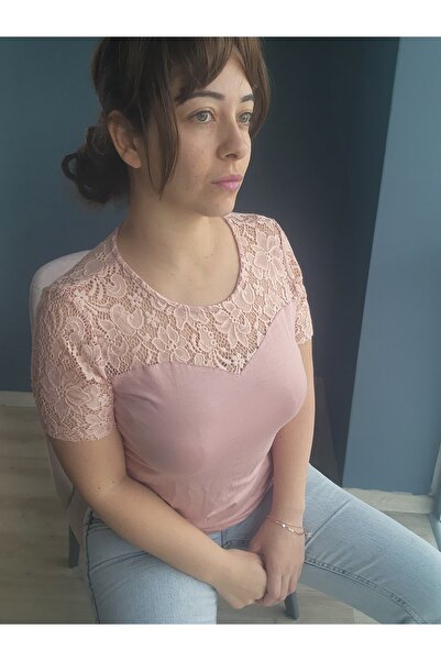 Büyük Beden Dantel Detay Pembe Bluz