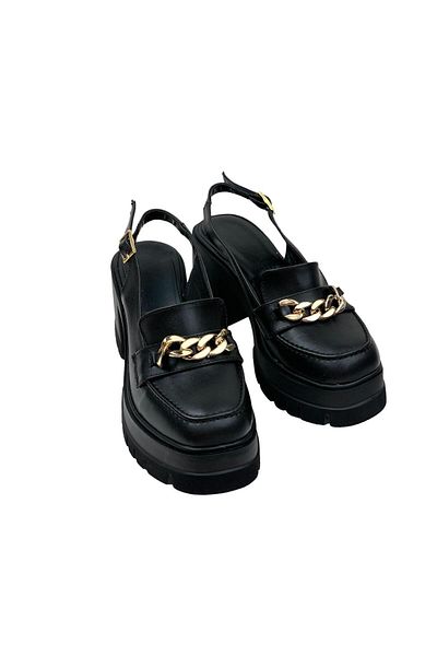 bescobel Dámské boty Hutyam Black Open Back Leofer s řetízkovou přezkou 10 cm 650