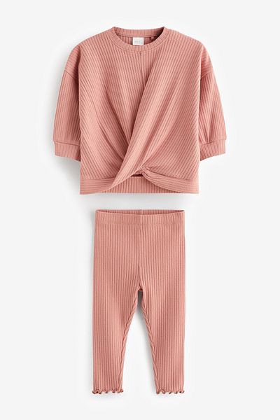 Next Baby Pink Ribbed Cotton Long Sleeve Sweat Tights Set
