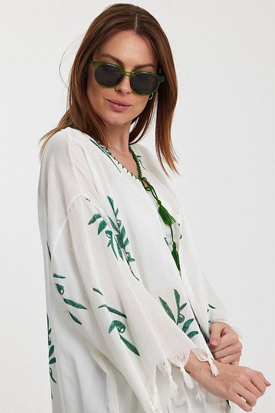Eceyaman moda Women's white white green print leaf pattern large size kaftan kimono