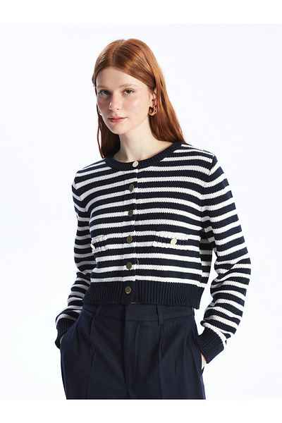 LC Waikiki Gestreifter, langärmliger Strick-Cardigan für Damen mit Rundhalsausschnitt