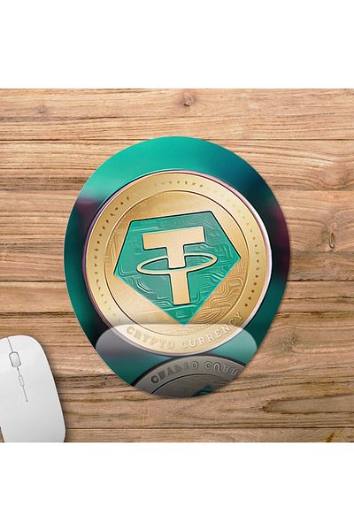 Pixxa Tether Coin Kryptocurrency - 3 نموذج لوحة ماوس بيضاوية بمساعدة المعصم