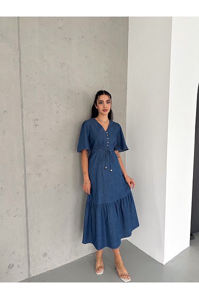 efstyle front buttoned elastic waist flounced sleeve denim dress