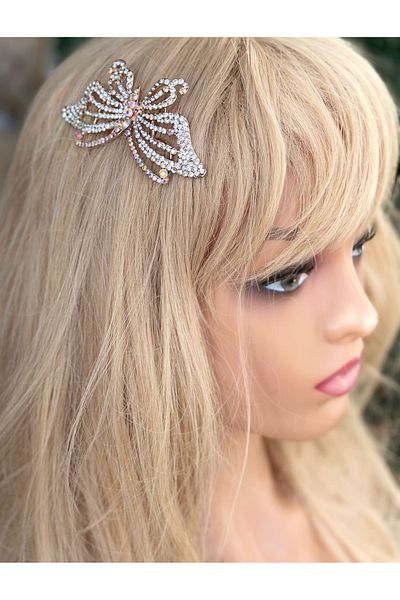 QUEEN AKSESUAR luxury metal crystal stoned butterfly scalloped side buckle invitation bridal henna engagement head hair accessory gold