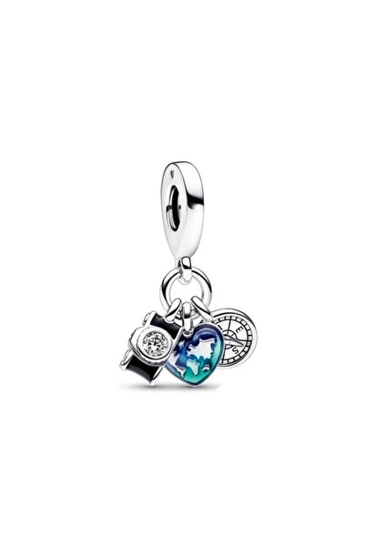 Lux Design Gümüş Kamera, Kalp Ve Pusula Üçlü Sallantılı Charm