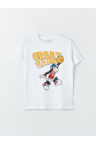LC Waikiki Kurzarm-T-Shirt für Jungen mit Nostalgic Monkey-Aufdruck und Rundhalsausschnitt
