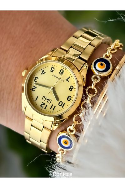 Q&Q Steel Cord Waterproof Gold Color Women's Wristwatch + Evil Eye Beaded Bracelet