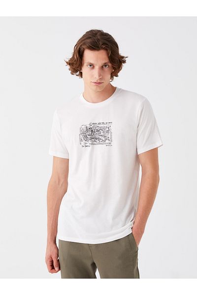 LC Waikiki T-shirt męski z czesanej bawełny z nadrukiem – okrągły dekolt, krótki rękaw