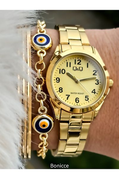 Q&Q Steel Cord Waterproof Gold Color Women's Wristwatch + Evil Eye Beaded Bracelet
