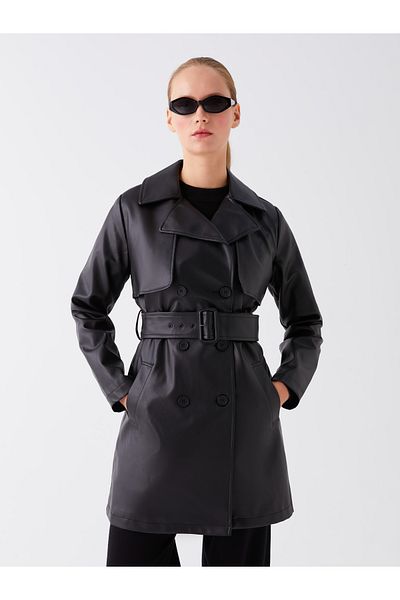 LC Waikiki Jackenkragen, einfarbiger Damen-Trenchcoat in Lederoptik