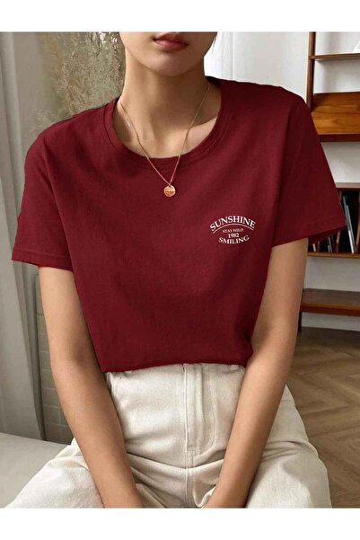 over head oh تي شيرت نسائي كبير الحجم مطبوع عليه أشعة الشمس باللون العنابي