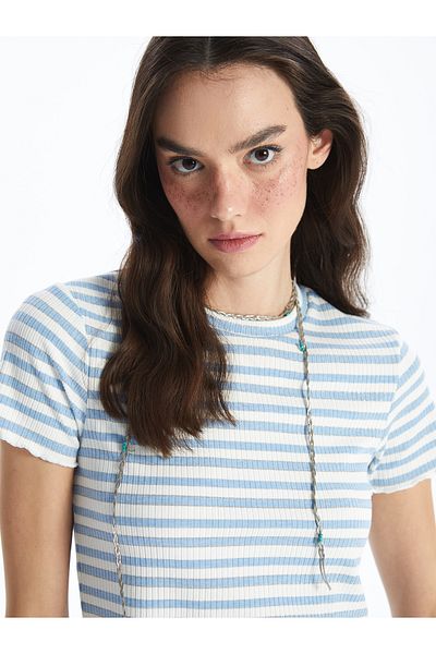 LC Waikiki Tricou de damă cu mânecă scurtă în dungi cu gâtul turnat