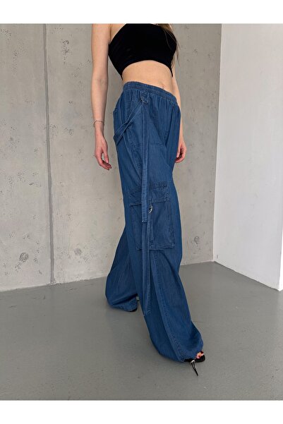efstyle BELİ LASTİKLİ KORDON VE D TOKA DETAYLI CEPLİ KARGO DENİM PANTOLON