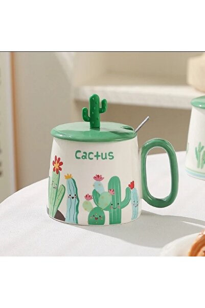 hediyeconcepti 380ml Ceramic Cartoon Cute Cactus Cup with Lid Spoon Drink Mug