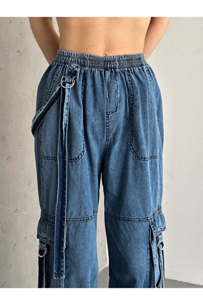 efstyle BELİ LASTİKLİ KORDON VE D TOKA DETAYLI CEPLİ KARGO DENİM PANTOLON