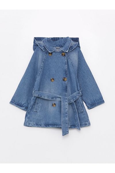 LC Waikiki Langärmliger Jeans-Trenchcoat mit Kapuze für Babys
