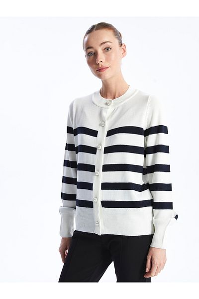 LC Waikiki Striped Crew Neck Long Sleeve Women's Knitwear Cardigan