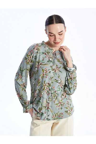 LC Waikiki Patterned Long Sleeve - Tie-Up Collar Women's Blouse