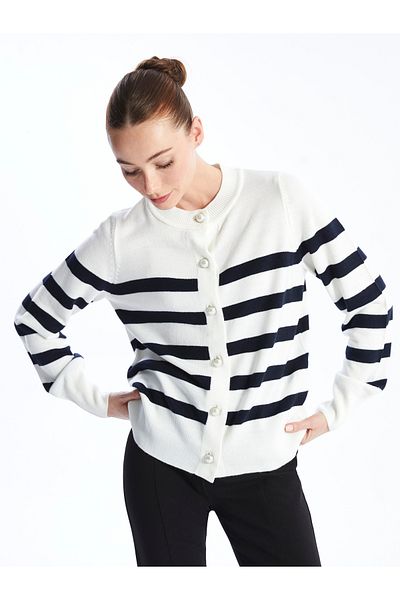 LC Waikiki Striped Crew Neck Long Sleeve Women's Knitwear Cardigan