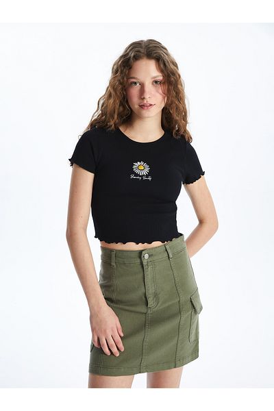 LC Waikiki Crew Neck Embroidered Short Sleeve Crop Women's T-Shirt